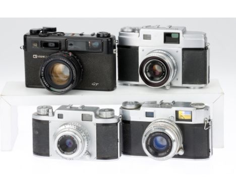 Four Japanese 35mm Rangefinder Cameras comprising a black Yashica Electro 35 camera, shutter fires without battery, otherwise