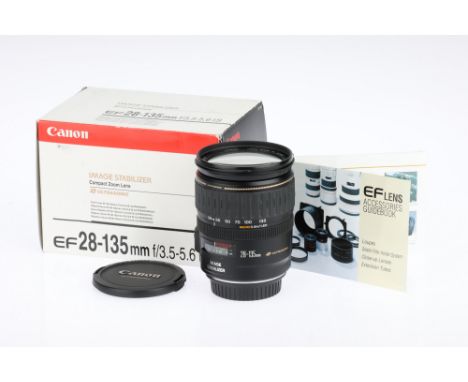 A Canon EF f/3.5-5.6 28-135mm IS Ultrasonic Lens black, serial no.1903247D, body VG, optics G, light haze, with caps, packagi