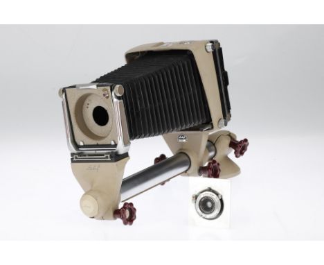 A Linhof Kardan Color 5 x 4" Monorail View Camera Body serial no.6065, complete a wide angle lens board, focusing screen cove