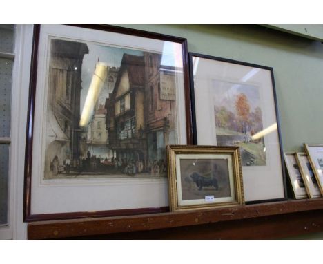 Three decorative pictures &amp; prints to include a study of a dog