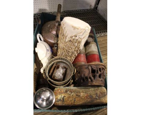 A selection of collectable items, to include; African drum, cocktail shaker, and&nbsp; vintage biscuit tin, decorated with hu