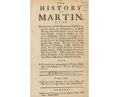 Swiftiana.- History of Martin (The). Giving an Account of his Departure from Jack..., first edition, second issue, disbound, 