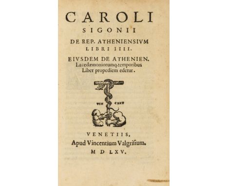 Sigonio (Carlo) De Rep. Atheniensivm Libri IIII. Eivsdem De Athenien. Lacedaemoniorumq(ue) temporibus Liber propediem edetur,