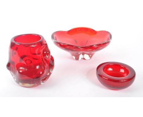Whitefriars - squat design ruby red glass knobbly vase, pattern # 9608 together with a ruby red bubble control bowl / dish wi
