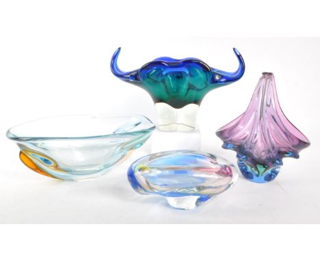 A collection of mid 20th century hand blown studio art glass. Chribska Sklo Union manner comprising of a glass basket, shaped
