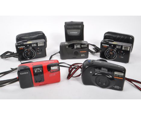 Konica - A collection of late 20th century circa 1980s Konica Pop cameras, alongside two Chinon compact point and shoot 35mm 