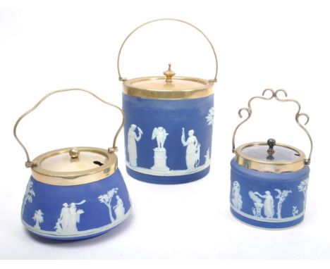 Wedgwood - Three Wedgwood Jasperware EPNS silver plate lidded pots. The collection to include a biscuit barrel, with silver p