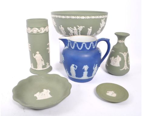 Wedgwood Jasperware - A collection of vintage 20th century porcelain china. To include handled jug, fruit centre piece bowl, 