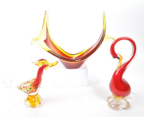 Murano - Two 20th Century studio art glass Murano bird figures one with red colourway upon clear base and long curved neck, t