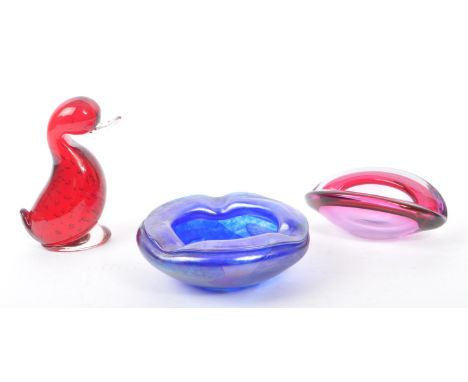 Whitefriars - A collection of three 20th Century vintage glass items, to include a Whitefriars ruby glass dilly duck, an okra