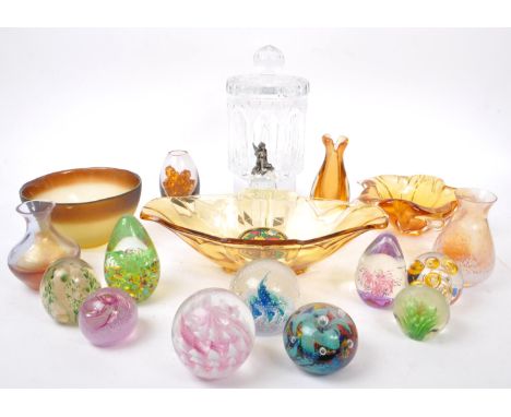 A collection of vintage 20th century studio art glass to include Czech bowl, Art Deco amber glass bowl, Caithness paperweight