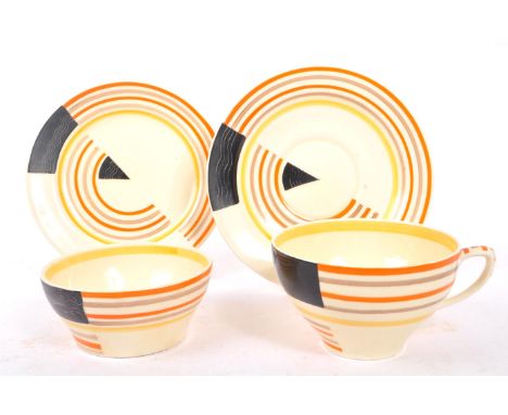 Susie Cooper - Crown Works Burslem - 1930s Art Deco china porcelain teacup and saucer with biscuit plate and sugar bowl. Havi