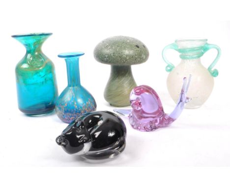 Mdina / Murano - A collection of 20th Century studio art glass items to include a Mdina flared vase and Murano snail figure. 