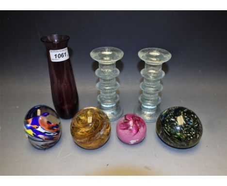 A Caithness vase; Scandinavian candlesticks; a Murano paperweight; others (7)