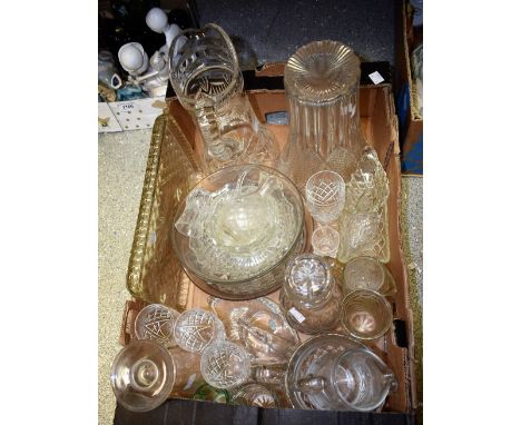 Glassware - a cut glass decanter; others including jugs, drinking glasses, vases; etc
