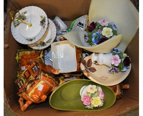 A Price Kensington cottage ware teapot, biscuit barrel, milk and sugar, butter dish, others; a Staffordshire floral printed t