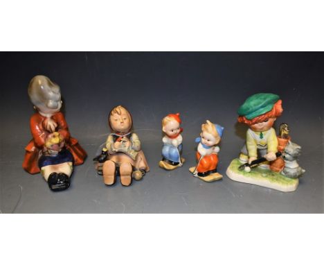 Goebel Pottery - a Hummel figures, golfer and terrier, no BY1-83;  others Knitting, Skiers etc (5) 