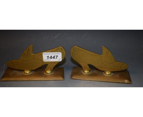 Trench Art - a pair of early 20th century brass commemorative models, of shoes, each inscribed A Present from Pembroke Dock, 