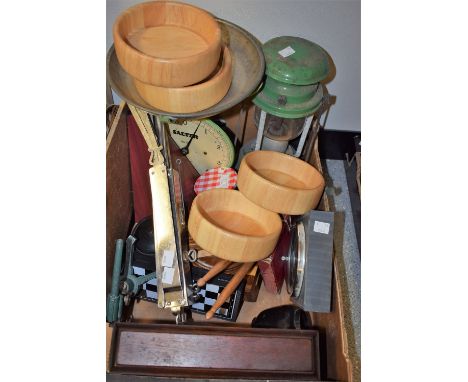 Boxes and Objects - a Shortland slate mounted barometer; a set of Salters family scales; others, chess sets, metronome, ename