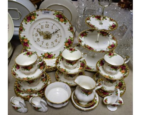 A Royal Albert Old Country Roses pattern tea set, comprising six teacups and saucers, six tea plates, three tier cake stand, 