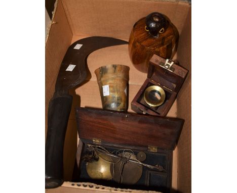 Boxes and Objects - a cased set of 19th Century apothecary's scales; a horn beaker, glazed base; a treen tobacco jar, bird fi