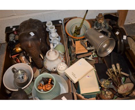 Boxes and Objects - a large carved wood elephant; an oak wall hanging barometer; pewter tankards; animal models; ceramics; et