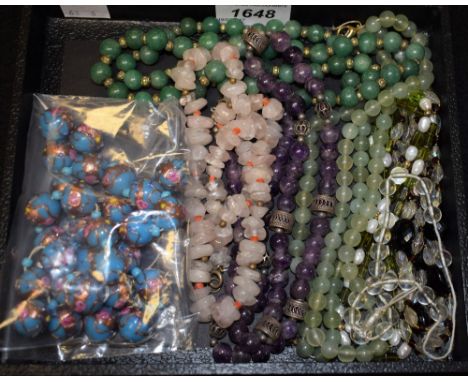 Beads - a white metal and amethyst globular beaded single strand necklace, unmarked;  others stained green jade effect, river