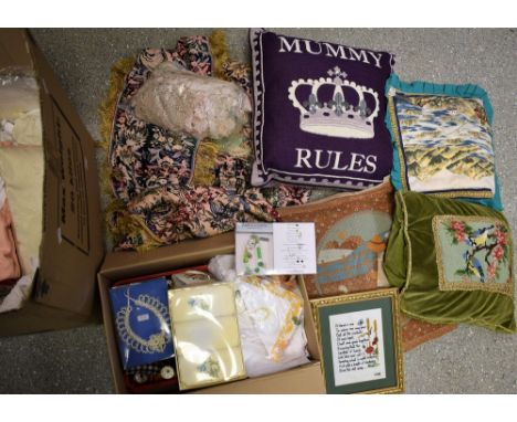 Textiles - a woven silk throw decorated with fanciful birds and exotic flowers; others, tapestry work, table linen, embroider