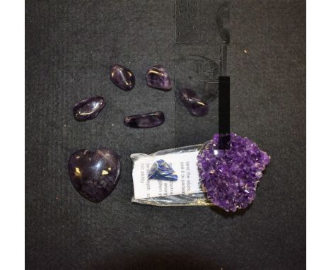 Geology - a natural vibrant purple amethyst druzy cluster, 52 x 50mm;  a polished blue john type flourite heart, 35mm wide;  