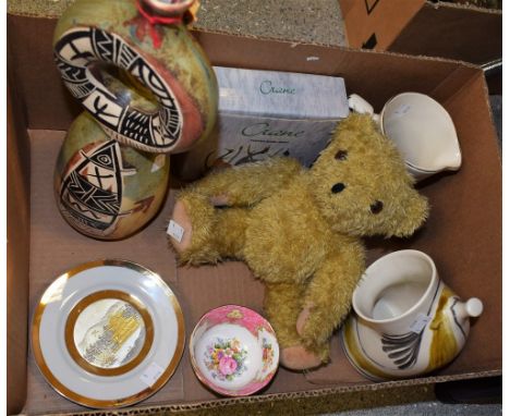 A ceramic Malaga souvenir novelty double gourd vase; a Wade Bass beer advertising bar jug; a teddy bear; a studio pottery sal