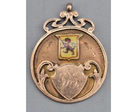 Antique 9ct yellow gold and enamel Fob medal- S.J.F.L J. Gray 1923- 24. 9.07grams.