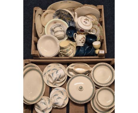 Two crates of mixed tea and dinner wares; Crown Ducal, Royal Stafford and Spode Royal Jasmine cups and mid century soup bowls