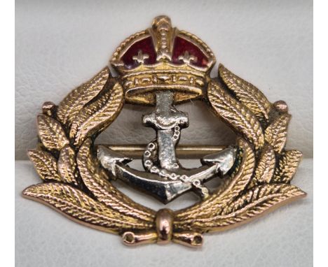 Antique 9ct white and yellow gold and enamel Naval Brooch. 2.3x2.4cm. 4.3 grams Clasp, catch and pin work well.