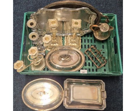 A Crate of silver plated items; Pair of candlesticks, candelabra, Serving trays and tureens.
