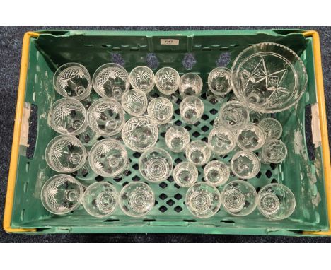 Crate of Crystal and glassware; vases and drinking glasses. Set of six Stuart Crystal Startime glasses and a lot of seven Edi