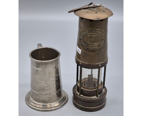 Antique Minors lamp by makers Thomas &amp; Williams Cambrian No5725 from Aberdare Wales together with Pewter tankard with Que