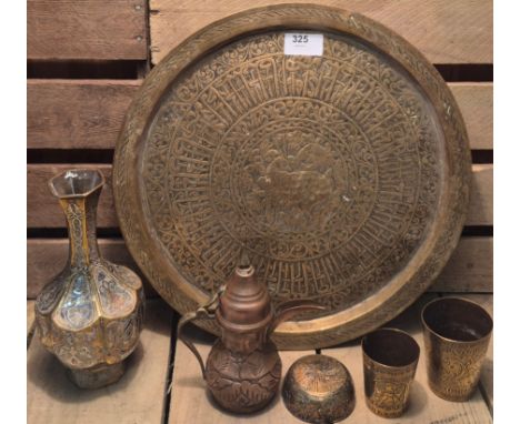 A Selection of Indian and Islamic brass wares; Silver inlaid Mamluk Revival Cairoware Vase- Egypt- 19th century. Two engraved