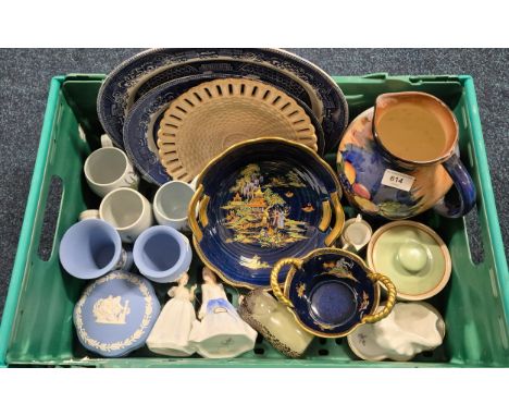 Crate of collectables; Wedgwood blue jasper items, Royal Doulton figures, Crown Devon pagoda pattern bowl, Buchan pottery mug