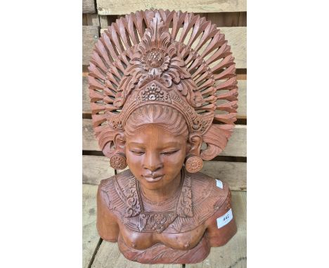 Large Solid wood carved Polynesian Princess bust. Signed A Fatimah of Bali. 39cm in height. 