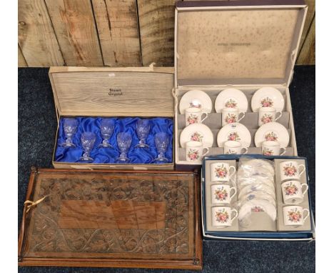 A selection of collectables; Two Boxed Royal Worcester flower pattern tea service, Stuart crystal glass set &amp; Vintage car
