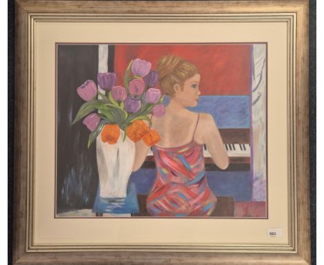S. Mullins Original Acrylic titled "At the piano" Signed and dated 03.Fitted within a contemporary silver gilt frame. Frame- 
