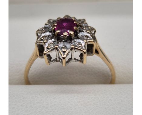 9ct yellow gold, Ruby and Diamond stone ring. Ruby Oval cut stone surrounded by 10 small round cut diamonds. 2.06grams. Ring 