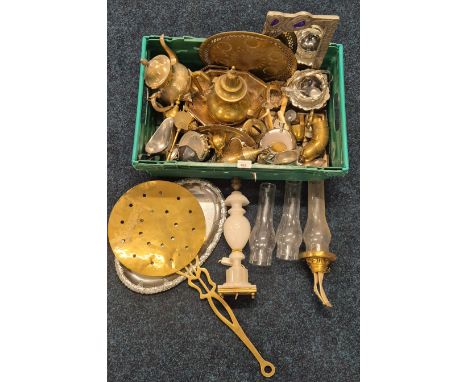 A Crate of metal wares; Brass ware tea pot &amp; goblets, Indian small tea pot, Silver plated wares, Pewter worked mirror &am
