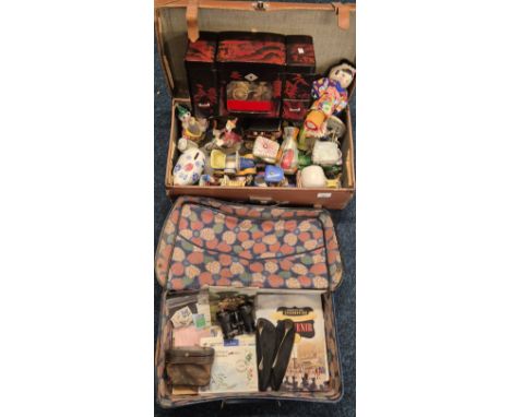 Two Cases of vintage porcelain collectables; First day covers, Italian pottery porcelain vehicles, clown figures, opera glass