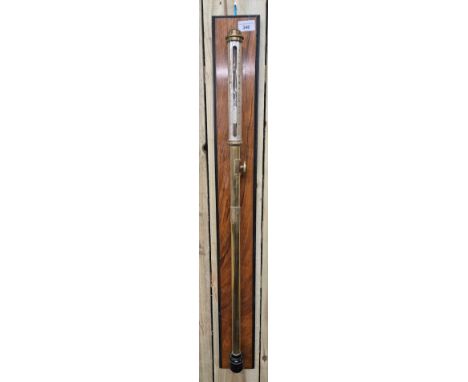 Antique Brass stick barometer. Stamped Standard Condition 0oC Wooden panel- 101cm. 