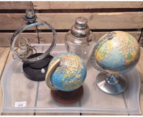 Tray of collectables; Art deco Bakelite and chrome table lamp, Glass and E.P Topped cocktail shaker and two small desk top gl