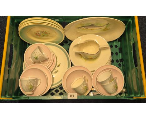 Crate of tea and dinner ware; Susie Cooper floral pattern part tea set, Susie Cooper plates, Wedgwood fish pattern dinner pla