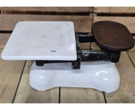 A Set of Antique Grocers weighing scales with ceramic resting plate 