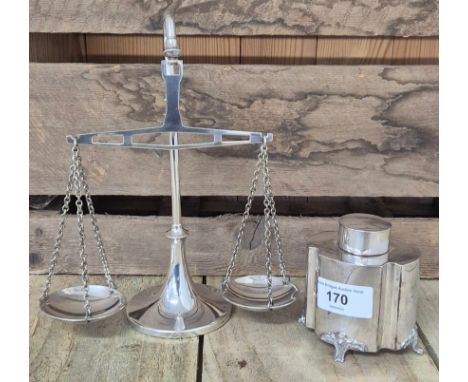 Silver plated sovereign weighing scales together with Silver plated tea caddy. 