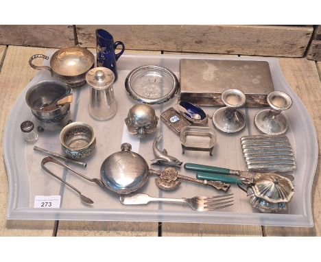 Tray of collectables; Chinese four face small buddha sculpture, Cigarette case, hip flask, Pepper mill, Condiment pots and od